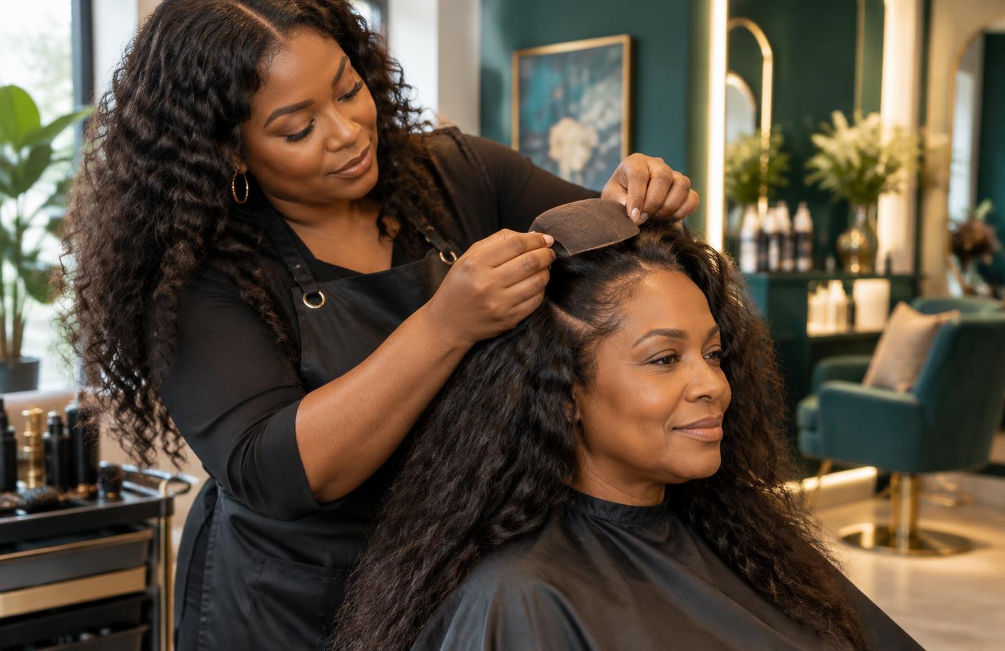Stylist installing a non-surgical hair replacement unit during professional training
